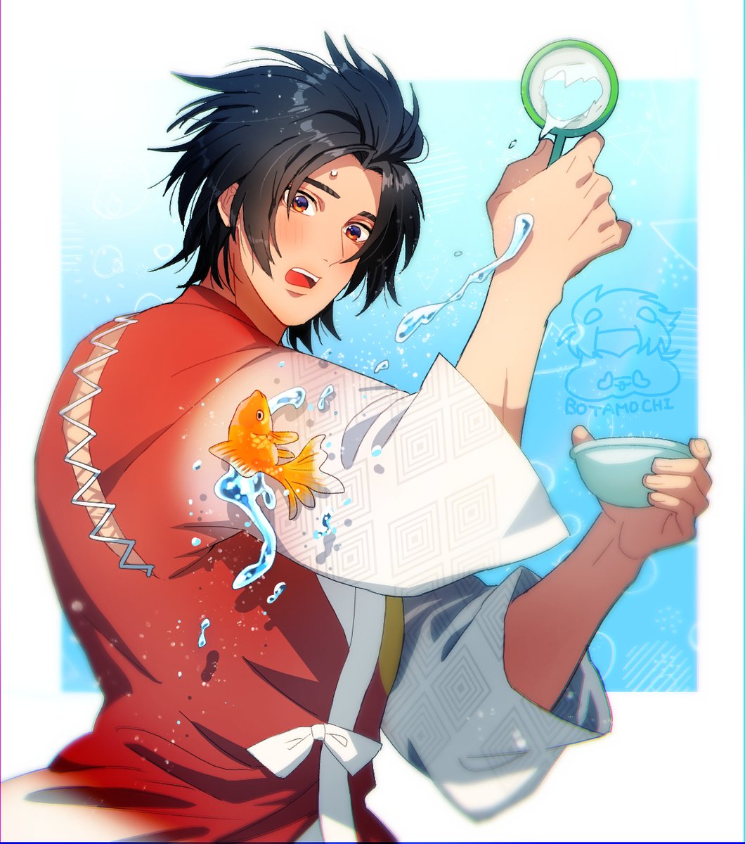 tamahamochi's tweet photo. いっけな〜い⭐️遅刻遅刻！大遅刻！😋
金魚すくいに奮闘する幸村です。

#１日は戦国無双の真田幸村 https://t.co/2yxGgCWnKp
