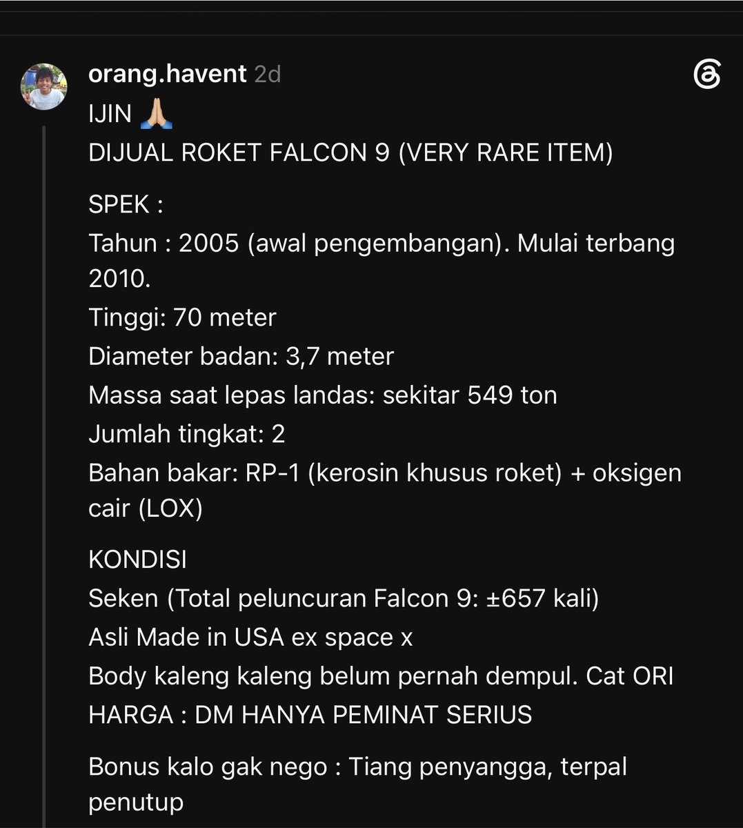stevejobp's tweet photo. Ga ekspek banget di threads ada yang jualan roket 😭😭😭 https://t.co/bRWK92xueN