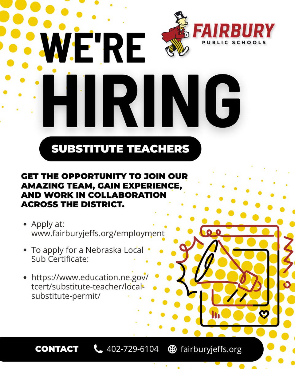 JeffsFairbury's tweet photo. August is officially here; do you have your substitute license ready to go?! Join us this school year in making a meaningful impact in the lives of our students. πβ€οΈ
#JeffPride https://t.co/5TluKCIYqI