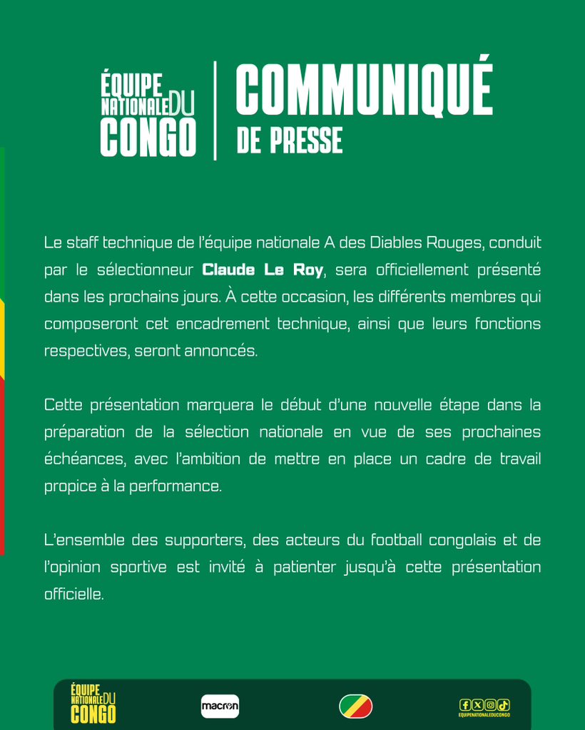 EquipeCongo's tweet photo. 🇨🇬 | COMMUNIQUÉ DE PRESSE – ÉQUIPE NATIONALE A

🗓️ 1er août 2026 | 

#EquipeNationaleCG 🇨🇬 https://t.co/zJGMtdsYyF