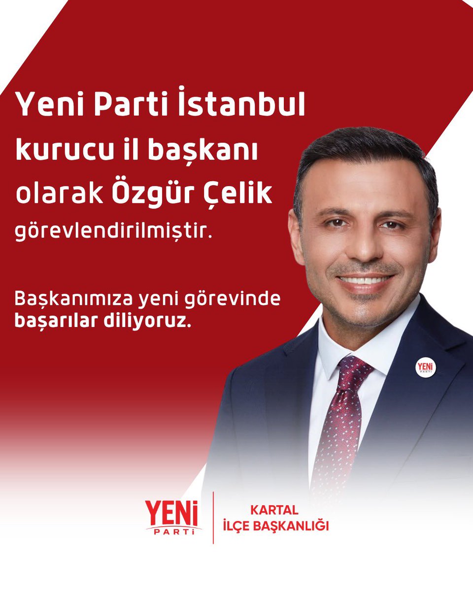 YeniPartikartl's tweet photo. Yeni Parti İstanbul Kurucu İl Başkanı olarak Özgür Çelik görevlendirilmiştir.

İstanbul’da değişimin, umudun ve örgütlü mücadelenin öncüsü olacak Başkanımız Özgür Çelik’e yeni görevinde başarılar diliyoruz.
#yenipartikartal https://t.co/cPn1Tf51FR