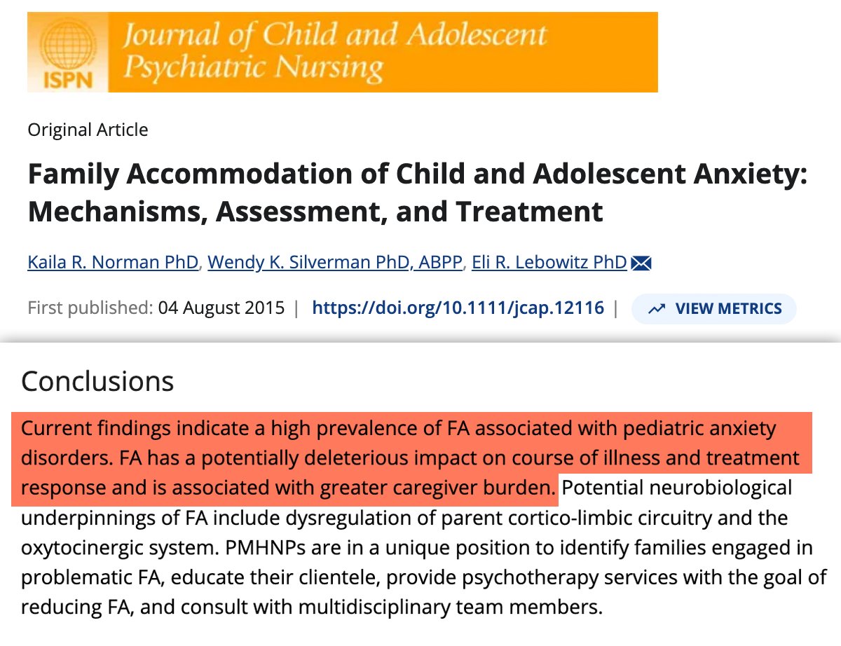 buttonslives's tweet photo. A review of childhood anxiety research found that parents often respond to a child’s distress by allowing avoidance, providing repeated reassurance, changing routines, or taking over responsibilities. 

This “family accommodation” is associated with more severe anxiety, greater impairment, and poorer treatment response.

Parents are trying to help. But shielding children from discomfort can backfire by reinforcing avoidance and preventing them from learning that they can handle anxiety themselves.

https://t.co/NBPWiaUy3Y