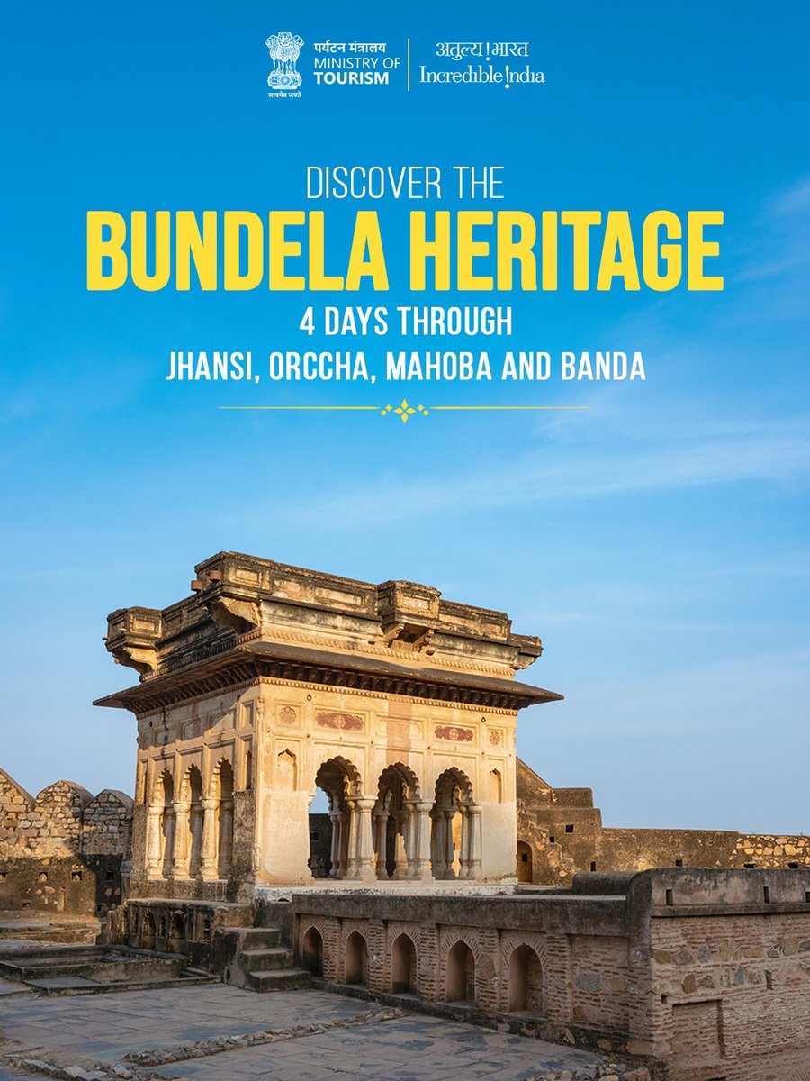 incredibleindia's tweet photo. Step into the timeless landscapes of Bundelkhand, a historic region that stretches across Uttar Pradesh and Madhya Pradesh.

From the inspiring legacy of Rani Lakshmibai and the architectural splendour of the Chandela dynasty to the majestic Kalinjar Fort and the authentic flavours of Bundelkhand's cuisine, every corner tells a story waiting to be discovered.

#IncredibleIndia #HeritageItinerary #ExploreIndia #Bundelkhand