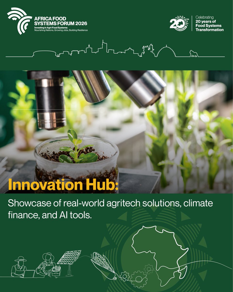 TheAGRF's tweet photo. New ideas are shaping the future of African farming at #AFSForum2026 in Rwanda!

Visit the Innovation Hub to see real tools in action from smart farming tech and green funding to AI tools that help farmers grow more food. 

📍 Kigali, Rwanda

Aug 31 – Sep 4, 2026

 Register today: https://t.co/I392mlPqzY

#AFSForum2026