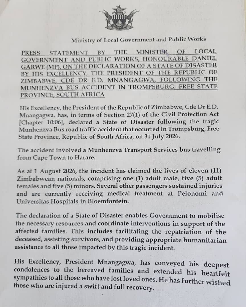 ZBCNewsonline's tweet photo. PRESIDENT Dr Emmerson Mnangagwa has declared a State of Disaster following the Munenzva bus accident in South Africa that claimed the lives of 11 Zimbabweans, comprising one male adult, five female adults and five children, on Friday.

https://t.co/6EWAxV40VF https://t.co/SRLQHDoIJJ