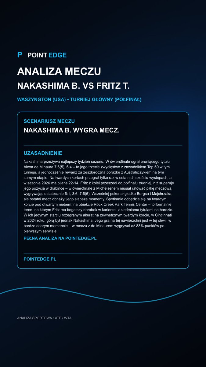 pointedgepl's tweet photo. Nakashima B. vs Fritz T.
Waszyngton (USA) • Turniej główny (Półfinał) • hard

Dane, kontekst i najważniejsze informacje przed meczem znajdziesz w PointEdge. https://t.co/XYoagZUFEE
