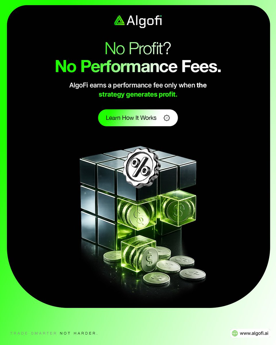 algofi_ai's tweet photo. No profit. No performance fees. 

At AlgoFi, performance fees are charged only when a strategy generates profits. No profits mean no performance fees.

Trade with transparency, stay in control and let AI do the heavy lifting. 🚀

#algofi #aitrading #web3 #crypto #forex https://t.co/qAm8LdhGEY