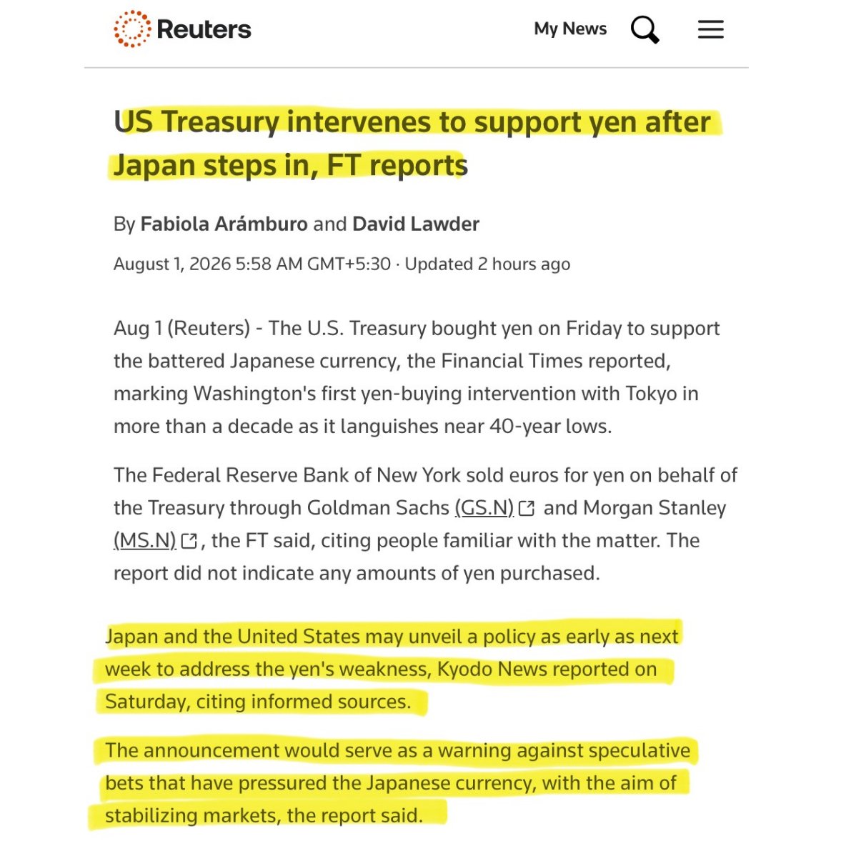 BullTheoryio's tweet photo. BREAKING: Japan and the US may unveil a joint policy as early as next week to stop the yen from crashing, per Kyodo News.

The announcement would serve as a warning to speculators betting against the yen.

This comes after the US Treasury bought yen on Friday, its first yen-buying intervention with Tokyo in more than a decade.

The New York Fed sold euros for yen through Goldman Sachs and Morgan Stanley.

A photo of Treasury Secretary Scott Bessent's notepad showed a to-do list with the words "Buy Japanese Yen (JPY) $5-10 bil."

USD/JPY fell from 158.9 to 157.6 in under an hour on the news.