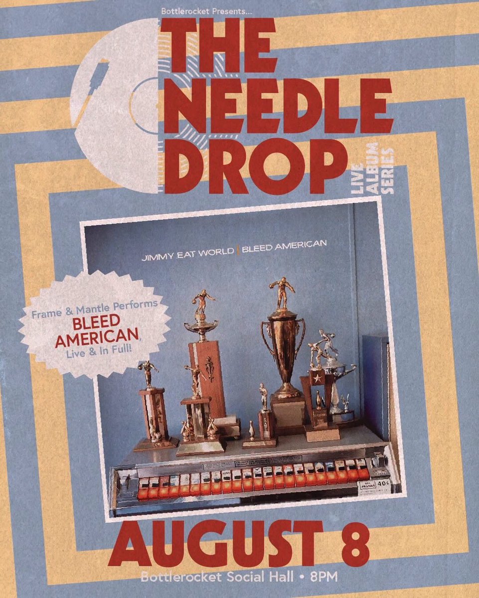 frameandmantle's tweet photo. One week from today (8/8) at @BottlerocketPgh, we’ll be playing @jimmyeatworld’s Bleed American album in full to celebrate its 25th anniversary. Since their tour isn’t coming anywhere near PGH, this is your best chance to sing it back (woah-oh-oh-oh) 🏆

Tickets @ link in our bio https://t.co/dzKwVy2Tl3