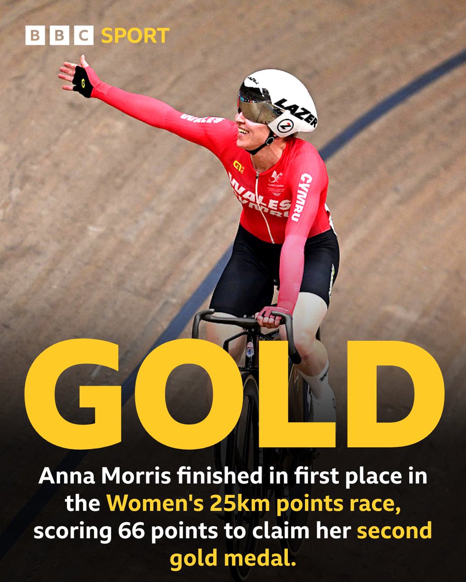 BBCSportWales's tweet photo. 🥇 Another gold for Anna Morris! 🏅
 
The Welsh cyclist takes first place in the Women’s 25km points race with 66 points to claim her second gold medal of the Games.
 
What a performance! https://t.co/3dh4MB9RLs