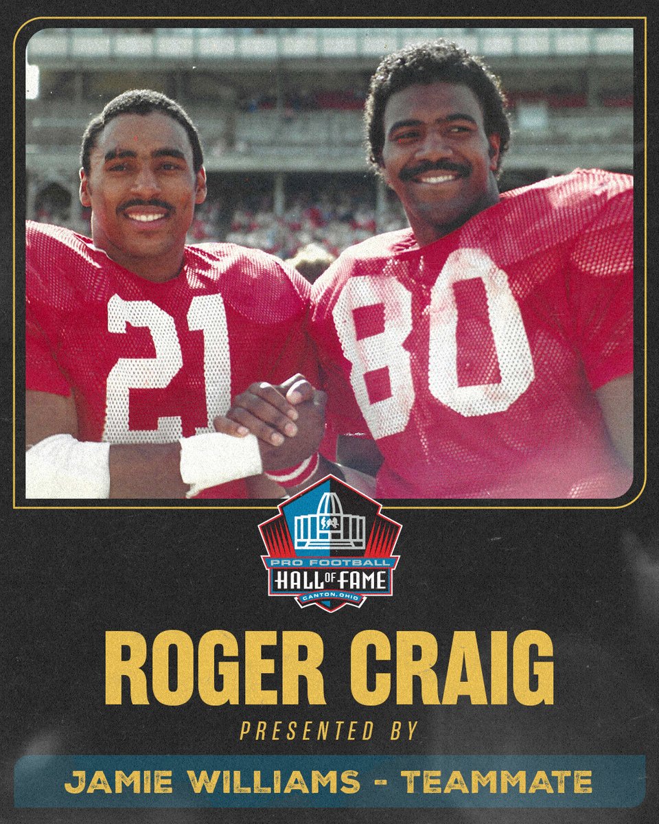 ProFootballHOF's tweet photo. Only one week away! ❤️ Roger Craig will be presented by his lifelong teammate, Jamie Williams, at the Class of 2026 Enshrinement. https://t.co/a46G1xYXxe