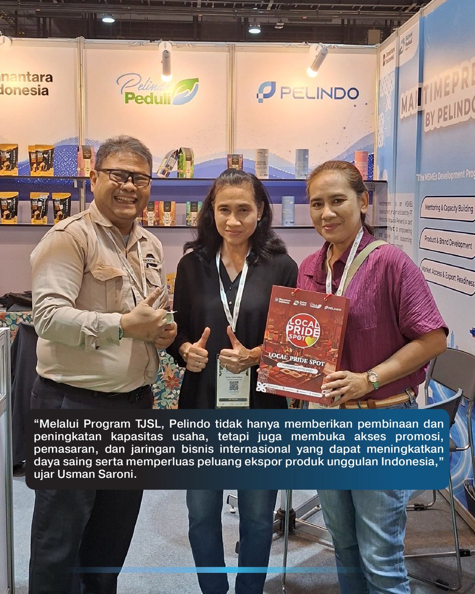 indonesiaport's tweet photo. Melalui Program TJSL, tiga UMK binaan difasilitasi mengikuti #MegaHalalBangkok2026 untuk mempromosikan produk dan menjajaki kerja sama dengan mitra internasional. Salah satunya berhasil membuka peluang transaksi senilai USD61.000.

#Pelindo #TJSLPelindo #UMKBinaan #UMKNaikKelas https://t.co/XOOWKStgcb