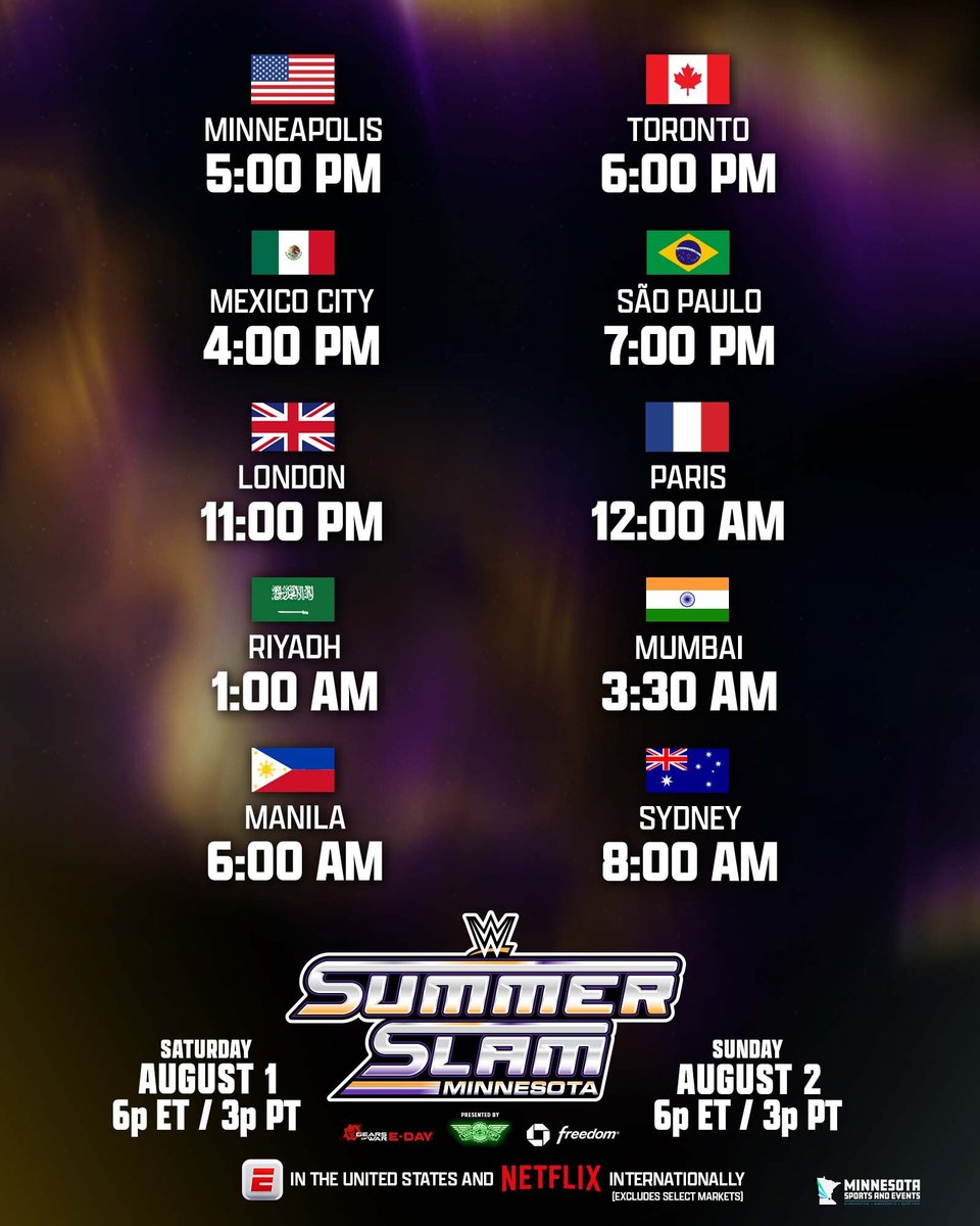 EntreLasCuerdas's tweet photo. ¡Es hoy!, ¡la primera noche de SummerSlam ya está aquí!

Te dejamos la cartelera de hoy y los horarios del evento.

¿Qué lucha esperas más?, ¿cuáles son tus predicciones?

#WWE #SummerSlam #Wrestling #CMPunk #BrockLensnar #CodyRhodes #ObaFemi #LivMorgan. https://t.co/h1dx2vuu28