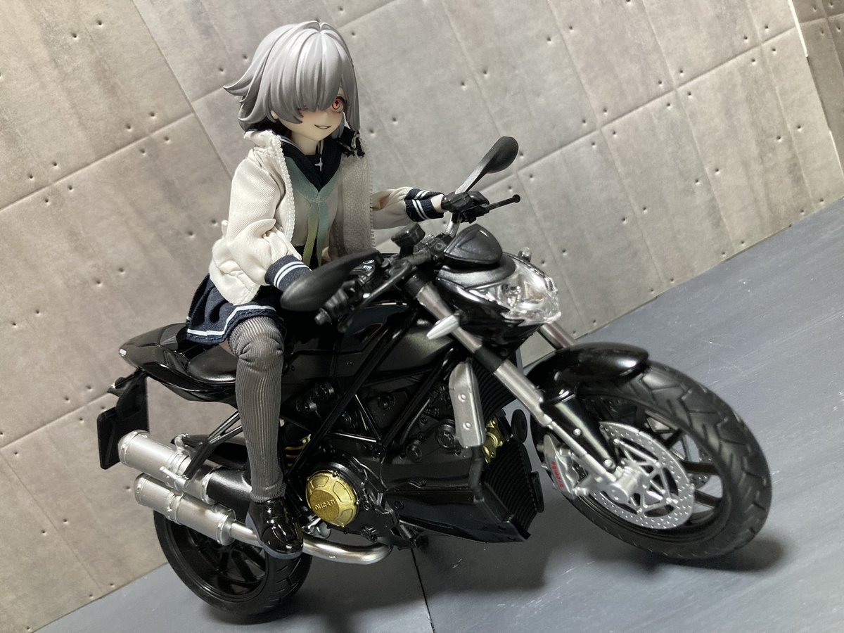 hurryburd's tweet photo. 乗り物欲しかったのでアオシマのドゥカティを支給。
超可動素体のおかげでライディングのフィット感も抜群。
この黒鉄レクイエムシリーズはミニスカキャラでも下着が付属してない為色々とアレなので今回パンツも用意！
これで色々と気にせず遊べる！
 #黒鉄レクイエム https://t.co/t6Mloxj1B2