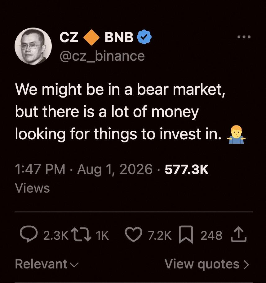 Jack_Draper_Fan's tweet photo. 🚨 BREAKING:

CZ FROM BINANCE JUST DROPPED THIS:

"COULD BE A BEAR MARKET, BUT THERE'S PLENTY OF CASH HUNTING FOR PLACES TO GO."

HE ALSO SAID EARLIER THAT A BTC SUPERCYCLE MIGHT KICK OFF IN 2026.

THIS ISN'T GREAT FOR CRYPTO... https://t.co/Y0gbKwFCPB