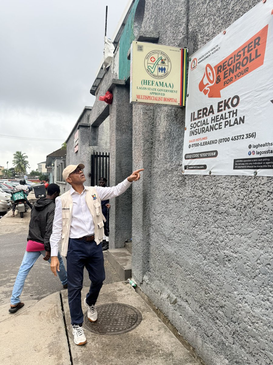 ProfAkinAbayomi's tweet photo. Whenever I walk into a public health facility in Lagos, announced or unannounced, I look for three things.

1. The Health Facility Monitoring and Accreditation Agency (HEFAMAA) logo of standards and quality at the entrance.
2. The sign directing patients to the health insurance desk for enrollment.
3. The public and patient toilets. Do they have running water, hand soap, and are they clean? If the toilets are clean, the likelihood is that the hospital will be clean.

This week I made an unscheduled stop at General Hospital Odan on Lagos Island, and the first two were right there on the entrance wall.

The first is the HEFAMAA seal. It tells you this facility has been inspected, passed the quality test, and earned the right to display the Lagos State brand of healthcare quality. Two years ago I made this mandatory for our own public facilities, not just the private ones. What is good for the goose is good for the gander, and charity begins at home. It would be hypocrisy to demand high standards from private hospitals without holding our General Hospitals and Primary Healthcare Centres to the same standards. So every public facility is going through the same rigorous accreditation. This is how we raise quality on the supply side of care.

And quality is not only about the building. It is about what happens at the bedside. Here is one standard I want every Lagosian to know and demand: do not accept malaria treatment without an approved test confirming you are positive. Treating without testing is poor practice, it wastes your money, and it fuels drug resistance. This is now policy, and sanctions will soon apply to any facility that ignores it.

The second is Ilera Eko, our social health insurance plan run by the Lagos State Health Management Agency (LASHMA), now with an enrolment desk in every government facility. This is to ensure the demand side is addressed. That means improving the ability of residents to purchase health. Seeking healthcare should never be the reason a family falls into hardship. With Ilera Eko, or any other accredited insurance plan, you and your loved ones can access quality care at accredited facilities like this one, without the fear of a bill you cannot pay. Registering takes minutes. Dial *6700*006# or call 0700-ILERAEKO and enrol today. Ilera loro. Your health is your wealth, and Lagos is investing in it with you.

This is a process, and it is dynamic and ongoing. So if you visit a public facility and it does not yet carry the HEFAMAA seal, or you cannot find the insurance desk, do not see it as a failure. See it as work still to be done, and send it to me. That is not me running from accountability, it is me inviting all of you into it. Soon I will be in a position to tell you plainly: if you do not see the HEFAMAA logo displayed, do not patronise that facility. We are not there yet, but that day is coming. Play your part. Look for the brand of quality, get insured, and report what you see, to the facility management, to the Ministry of Health, or straight to my DM. We are building this together, and before the end of 2026 every public facility in Lagos will bear this assurance.

#IleraEko #LagosHealth #HEFAMAA
#UHC #HealthInsurance #QualityHealthcare #GetInsured
#EkoOniBaje #ForAGreaterLagos