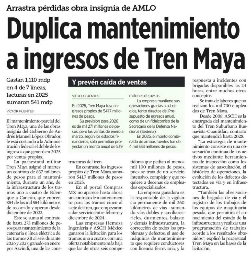 FDoringCasar's tweet photo. El #CártelDeMorena sigue mal gastando nuestros impuestos en proyectos que NO son autofinanciables sólo para los negocios de los hijos de YSQ como el #TrenMaya con gastos de 1,110 mdp en mantenimiento e ingresos por apenas 541 mdp (20% por debajo incluso de lo presupuestado) y un déficit operativo de al menos 4,200 mdp en 2025

Como también el Tren Félipe Ángeles con un costo estimado entre 23,000 y 26,000 mdp que transporta apenas 350 personas diarias al #CHAIFA a la estación Clara Krause

Además, por si fuera poco, sabotea la economía con las estupideces del #PlanC que complican la generación de energía eléctrica y encareciéndola a las empresas que sí generan empleos

Por ende, los datos del @INEGI_INFORMA confirman que 20 de las 32 Entidades tuvieron retroceso económico en el primer trimestre de 2026

Ahí la lleva @Claudiashein en su misión de destruir a México