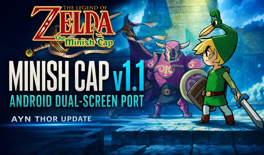 AmigamagazineGA's tweet photo. The Minish Cap Android port v1.1 makes dual-screen play on the AYN Thor much better. Screen swapping, larger hearts, cleaner map markers and Android fixes create a sharper Zelda handheld experience. #Zelda #RetroGaming https://t.co/khkFuaCSPI https://t.co/12OjlEnvZ8