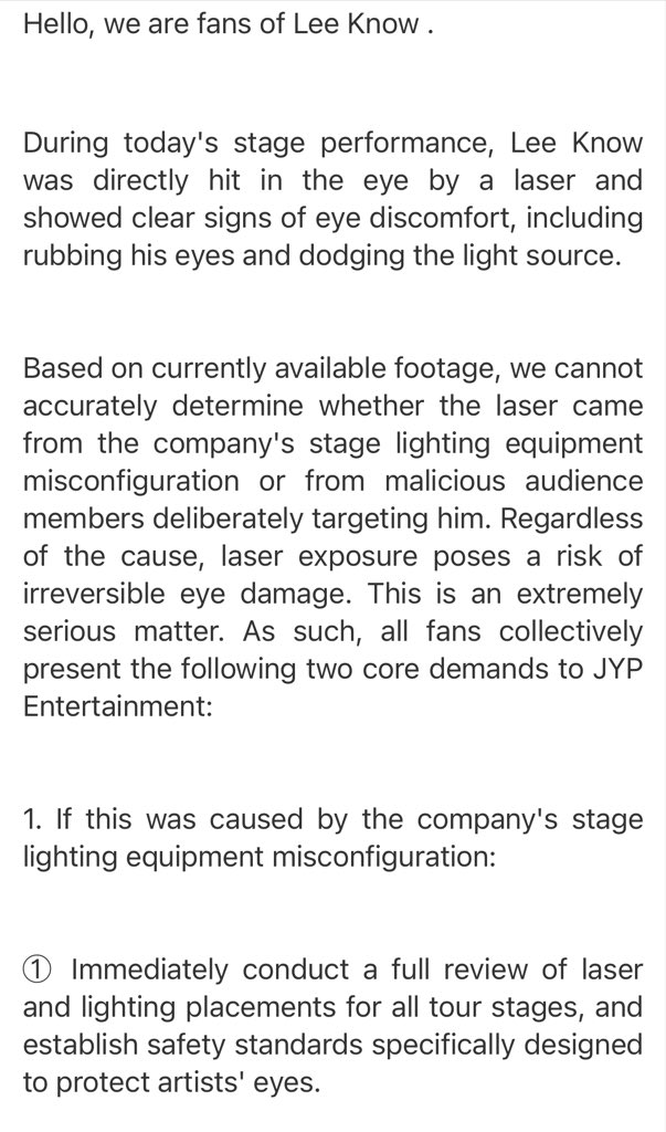 Minhobar_'s tweet photo. Hello everyone, we are launching an email rights-protection campaign over the incident that Lee Know's eyes were shone directly by laser.

JYPE PROTECT LEEKNOW 
#JYPERespectLeeKnow 
#JYPTreatLeeKnowBetter 
#JYPE는_리노를_존중해야_해
@Stray_Kids @Stray_Kids_JP
@jypnation https://t.co/I85L7kRTgJ