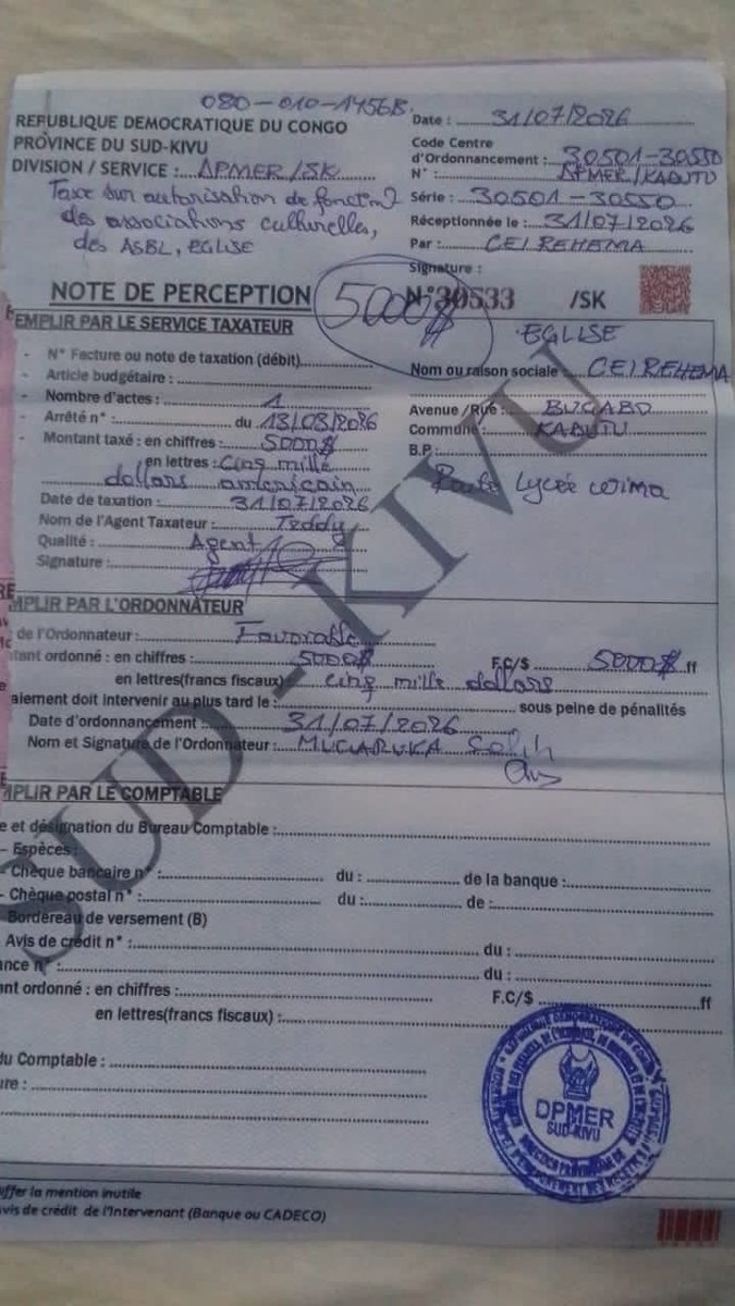 mulikuza_jordan's tweet photo. ‼️🛑 URGENT: Les églises de #Bukavu seraient menacées de fermeture. Selon cette note de #perception émise par la #DPMER qui circulent sur les Réseaux sociaux, les responsables des lieux de culte doivent verser 5 000 dollars américains pour obtenir une #autorisation de fonctionnement auprès de l'administration de l'#AFC_M23 . C'est qui soulèveraient de #sérieuses préoccupations quant à la liberté de #religion et de #culte dans l'est de la #RDC
#Bukavu #RDC #LibertéDeCulte