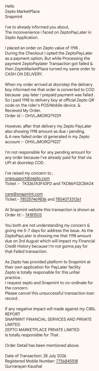 Kaushal_MH02's tweet photo. @zeptocares @ZeptoNow @SnapmintEmi @RBI @FinMinIndia @jagograhakjago 
Kindly Request to All.
Please resolve my issue as soon as possible. https://t.co/FvJp5zC9VP