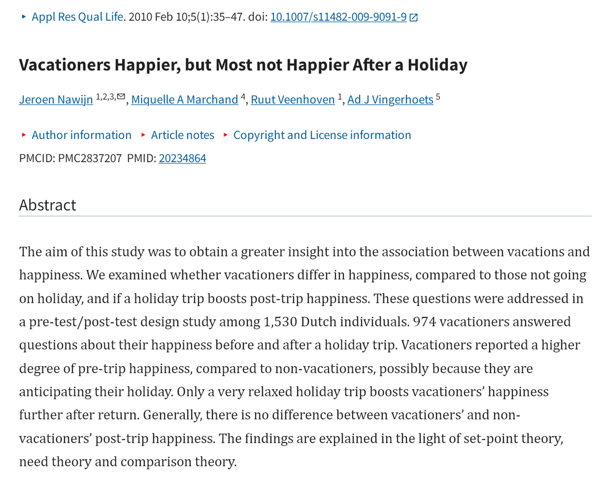 AdamMGrant's tweet photo. We don't just feel better during vacations. Our moods elevate in advance too.

Evidence: People aren't always happier after a holiday, but they do feel happier beforehand. It gives them something to look forward to.

Anticipated joy is a reliable source of happiness. https://t.co/HsQhAya51h