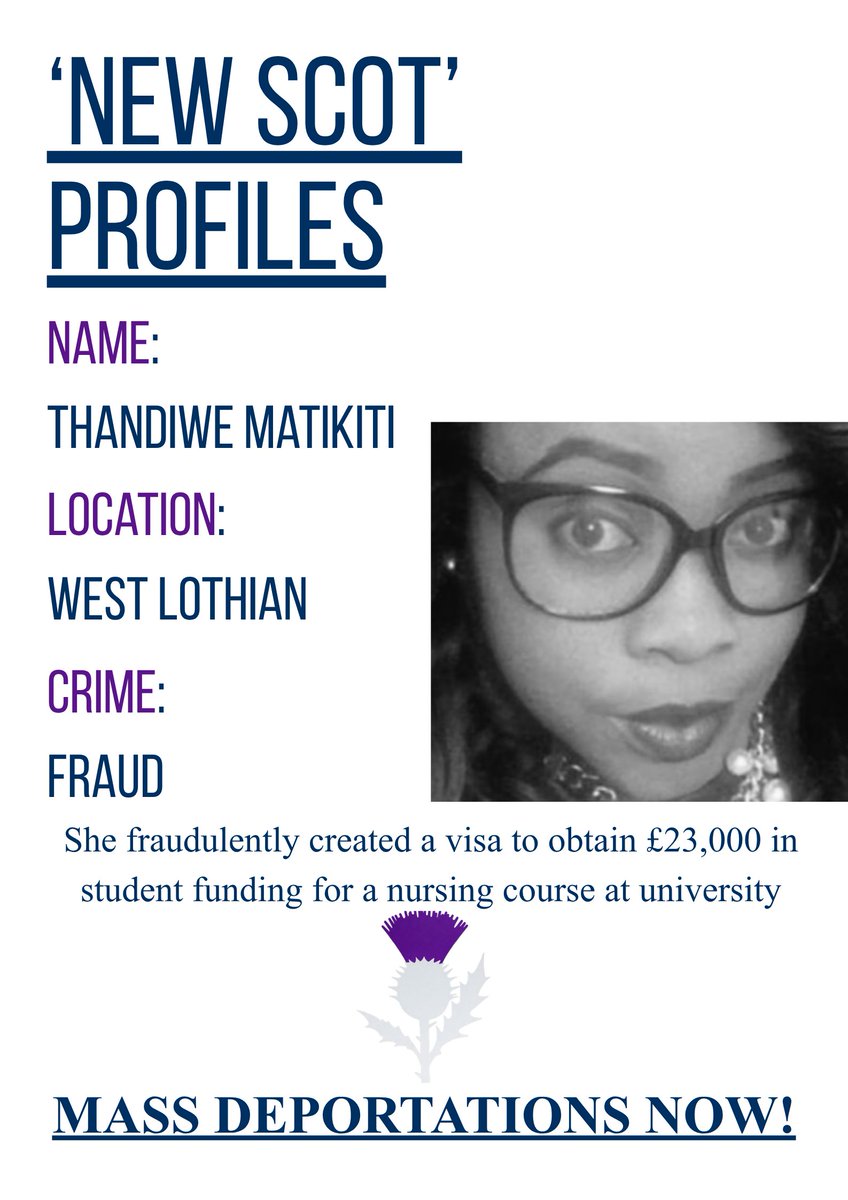 NewScotProfiles's tweet photo. 'New Scots' Profiles: Thandiwe Matikiti convicted of fraud in West Lothian. 

The Zimbabwean migrant fraudulently claimed £23,000 of student funding by lying about immigration status.

She contested her prison sentence which was replaced by a mere admonishment. 

She created a fake visa to provide evidence of indefinite leave to remain in the United Kingdom so that she could wrongly claim £23,000 in student funding.

We need Mass Deportations Now!