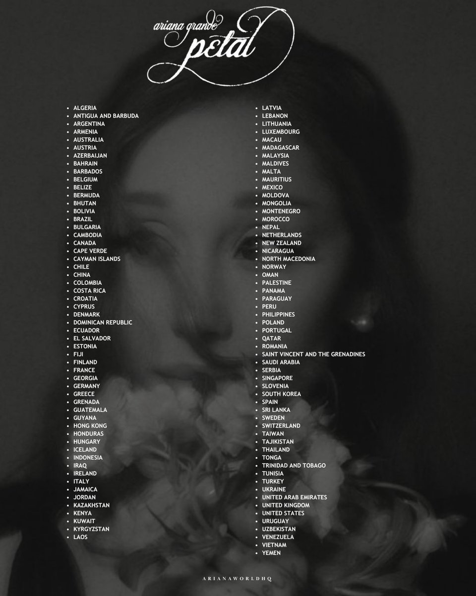 ArianaWorldHQ's tweet photo. ‘petal’ by Ariana Grande is the FIRST &amp; ONLY album by a female artist this year to reach #1 on Apple Music in over 110 countries. https://t.co/uWsgLEzILL