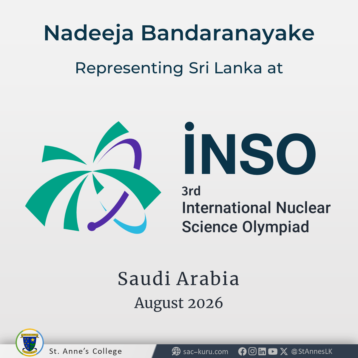 StAnnesLK's tweet photo. Nadeeja is part of the four-member team representing Sri Lanka at the 3rd International Nuclear Science Olympiad. https://t.co/dw9C5K0sph