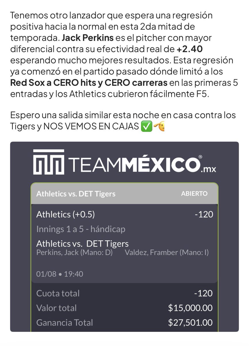 DiasPerfectos's tweet photo. LISTO EL PRIMER FREE PICK DEL MES PARA SEGUIR GANANDO JUNTOS EN MLB🔥

CONFIAMOS EN LOS ATHLETICS Y JACK PERKINS CONTRA LOS TIGERS ✍🏻

¿LO COBRAS CONMIGO? ❤️✅❤️✅❤️ https://t.co/CPRTZgzrhk
