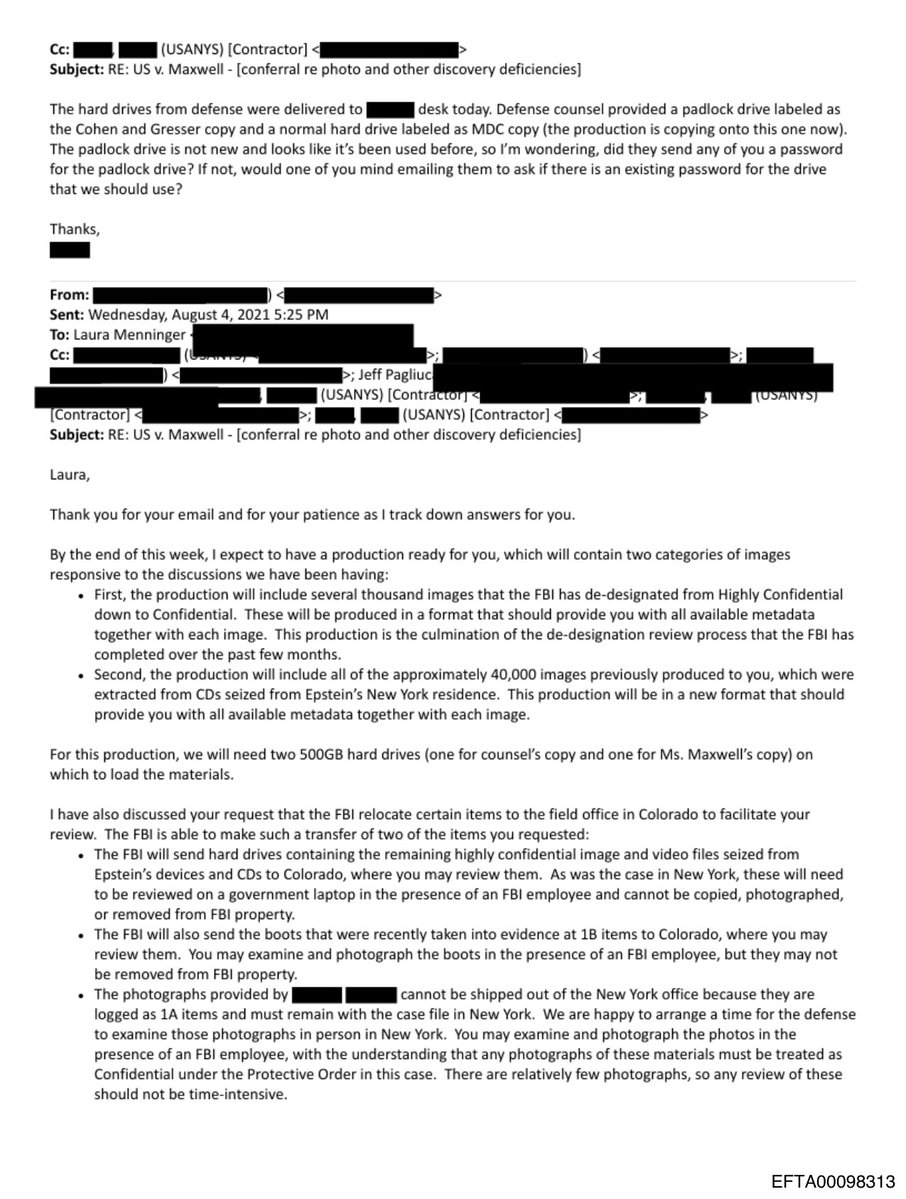 epsteinsearchin's tweet photo. Ghislaine Maxwell's lawyer was told what discovery held: about 40,000 images pulled from CDs seized inside Epstein's New York home.

Two 500GB drives to hand over.

The rest stayed highly confidential. A government laptop, an FBI employee watching, nothing leaves. https://t.co/m4m1f8snZX