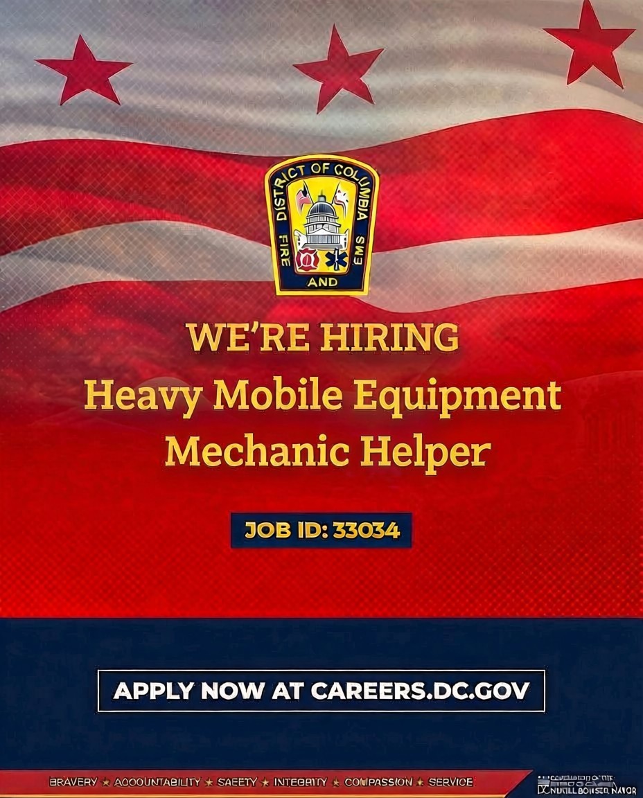 dcfireems's tweet photo. #DCsBravest are looking to hire a Heavy Mobile Equipment Mechanic Helper. 

Person hired will support the operations of the repair shop within the Apparatus Division.

More Info/Apply: https://t.co/D0RYASDOpn https://t.co/T3uXCLinTi