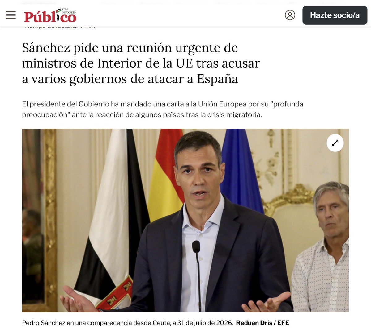anluma99's tweet photo. Sanchez reacciona contra Meloni e indirectamente contra Trump

Pedro Sánchez ha decidido elevar la crisis de Ceuta al plano europeo. En una carta enviada  a Ursula von der Leyen, António Costa y Micheál Martin pide una videoconferencia extraordinaria de Interior.  Pero el formalismo diplomático de una petición como esta no puede engañarnos respecto a su objetivo político real. Su verdadero destinatario es otro: el bloque que, desde Roma hasta Washington, ha convertido la inmigración en una gramática ultraderechista de alarma permanente.

Digámoslo con claridad para que todo el mundo lo entienda. El mensaje está claro: Sanchez no se acojona.
