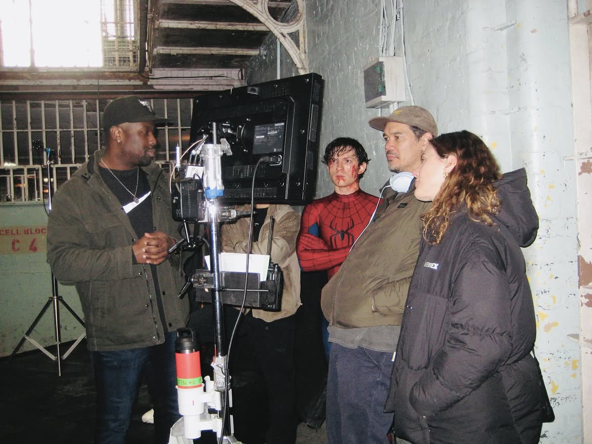 thospdey's tweet photo. tom holland and destin daniel cretton on the spider-man : brand new day set https://t.co/8OtRB6ofwe