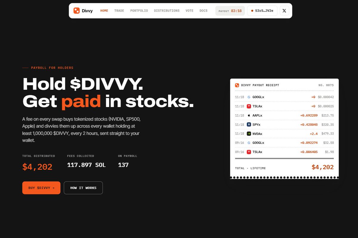 MyDivvyApp's tweet photo. Over $4,200 worth of tokenized stocks have been solana:8qsXKEF12KwAnFU5YdRuzopfKj1HJ73D8QK8hYtSPabh'd out to holders.

We aren't even 24 hours old yet. https://t.co/gNfWVg5agr