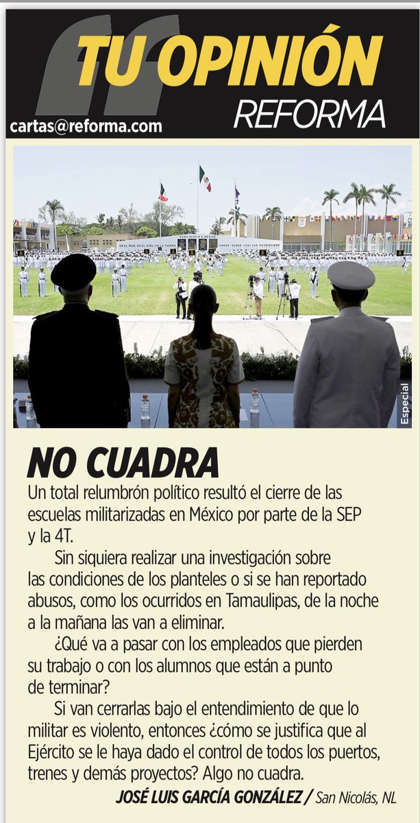 JLozanoA's tweet photo. ‼️Todo mal con las escuelas militarizadas. Todo se pudre bajo el narcogobierno de Morena. Vean la opinión de José Luis García González, lector de @Reforma https://t.co/sHypuR2uOA