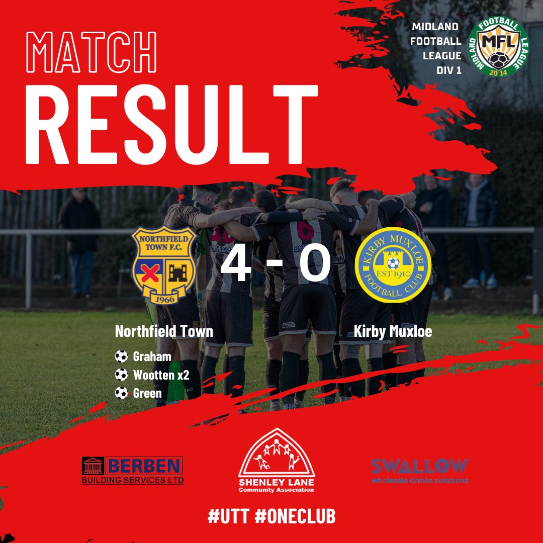 NorthfieldTown's tweet photo. 🚨 𝗙𝗨𝗟𝗟 𝗧𝗜𝗠𝗘 𝗥𝗘𝗦𝗨𝗟𝗧 🚨

A fantastic start to the season for Town with an emphatic 4-0 victory at The Lane versus Kirby Muxloe! 

Goals from Graham, Wootten (2) and Green securing the 3 points 

#UTT #oneclub 🖤🤍 https://t.co/zRQeamt362