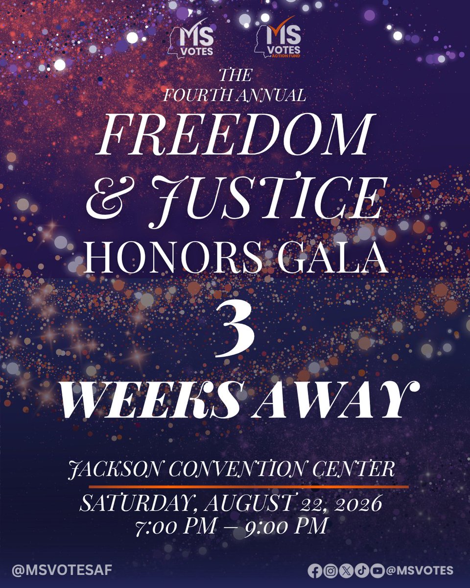 MSVotes's tweet photo. Three weeks to go.

Join us for an unforgettable evening as we honor the advocates, organizers, and changemakers making a lasting impact across Mississippi.

📅 Saturday, August 22, 2026

🎟️ Purchase your tickets here: https://t.co/KgdBweCcNv

#MSVotes https://t.co/FX5n530MkG
