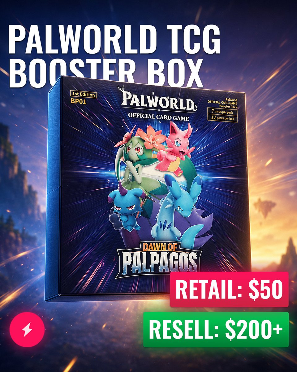 AMNotify's tweet photo. Palworld's new TCG just dropped and it's already moving strong 🔥

📊Retail: $50
💰Resell: $200+

First edition "Dawn of Palpagos" booster boxes are 4x retail in their first week. Is this the next Pokémon, or a total flop waiting to happen? 👀
