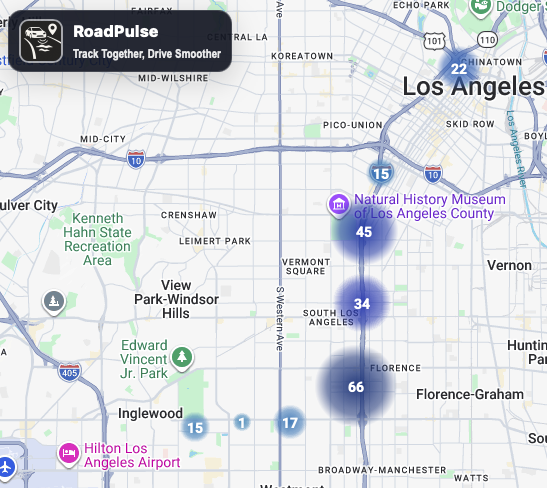 Road_Pulse's tweet photo. Los Angeles roads are speaking.
RoadPulse now turns repeated road-impact reports into neighborhood-level clusters—making patterns visible without exposing individual driving locations.
One bump is easy to ignore.
Dozens in the same area are data.
Track together. Drive smoother. https://t.co/Gr1zQuFSnY