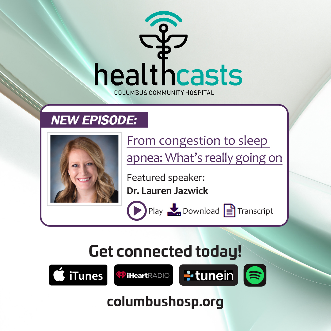 columbushosp's tweet photo. Have you heard the latest Healthcasts episode? Dr. Lauren Jazwick reveals what's behind congestion and sleep apnea and when to seek care. Tune in today: 

#CCH #columbusne #healthcast #ENT #vodcast #podcast https://t.co/NXgpVgAIHq