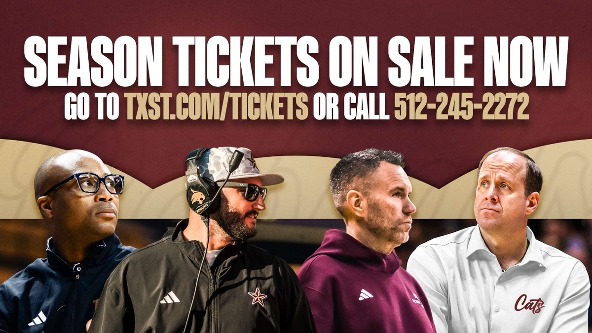 TxStateBobcats's tweet photo. The best way to experience Texas State Athletics? Be there all season long. 😼

Season tickets for football, volleyball, men's basketball &amp; women's basketball are on sale now!

🎟️ https://t.co/KmptZWjJKo

#EatEmUp https://t.co/NgeDJnmGpE