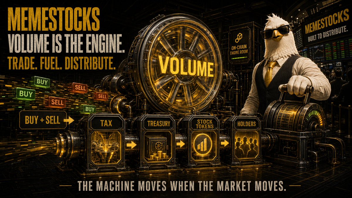 MEMESTOCKS_ETF's tweet photo. Everything starts with volume.

Every buy. Every sell. Every move feeds the machine.

Trading tax → Treasury → stock tokens → eligible holders.

No staking.
No claim button.
Volume isn’t background noise here.

It’s the fuel.

The market moves.
I distribute. 🐦

$MEMESTOCKS #BNBChain #Memecoin #STOCK #CZ