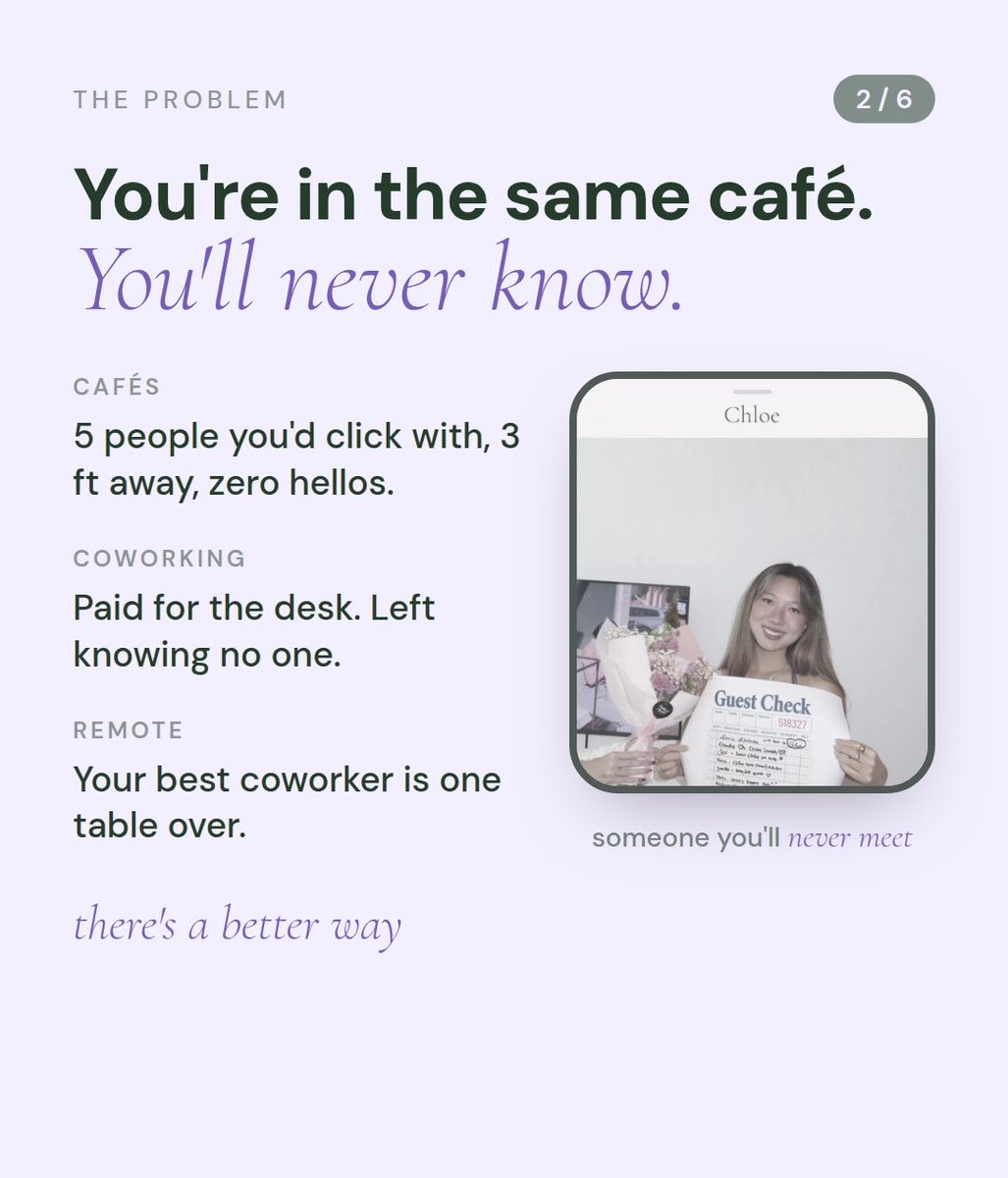Chloekuoi's tweet photo. I built clover to help founders + builders easily connect and invite each other to cowork in cafes + coworking spaces.

Right now i'm testing GTM with pilots in cafes. Would love any ideas or resources on GTM for a social app or if you wanna partner up on growth, dm me, i'd love to chat 🫶🏼