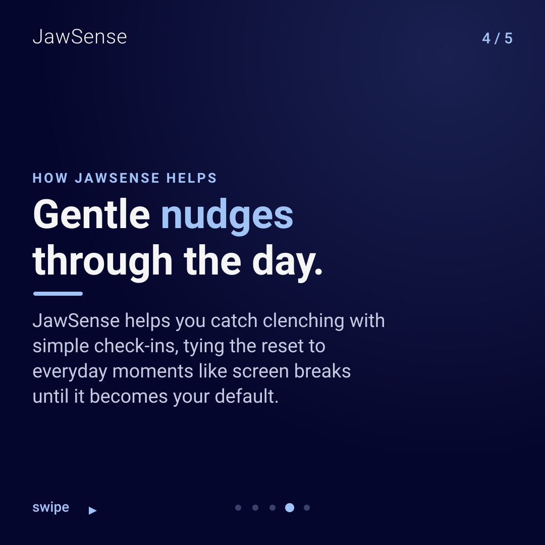 JawSense's tweet photo. Quick check: are your teeth touching right now? At rest they should sit slightly apart — teeth in contact is low-level clenching that adds up over a day. Reset: lips together, teeth apart, tongue up, breathe through your nose. Free on iOS & Android — search "JawSense". #JawSense https://t.co/rSXZhQ86na