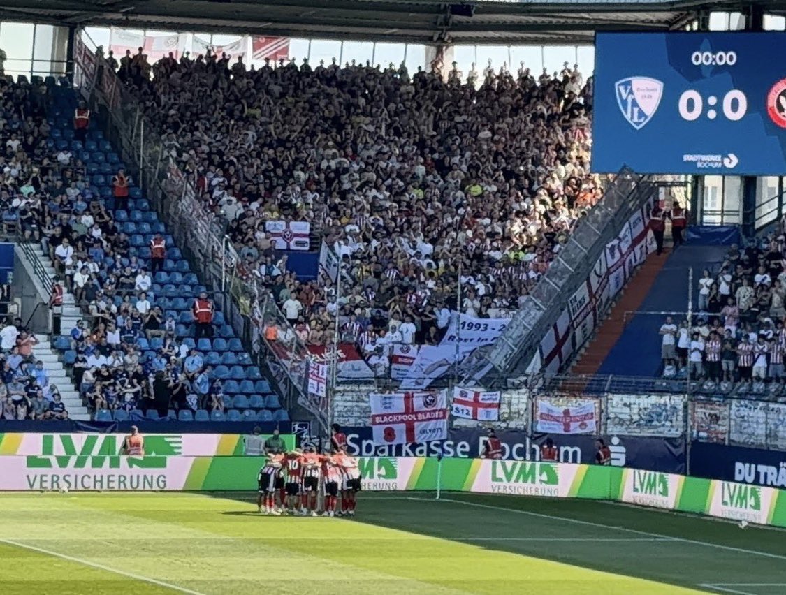 The_Forty_Four's tweet photo. Sheffield United fans at Bochum today ⚔️

That away end looks mega! 🤩 https://t.co/OkbXjHAGla