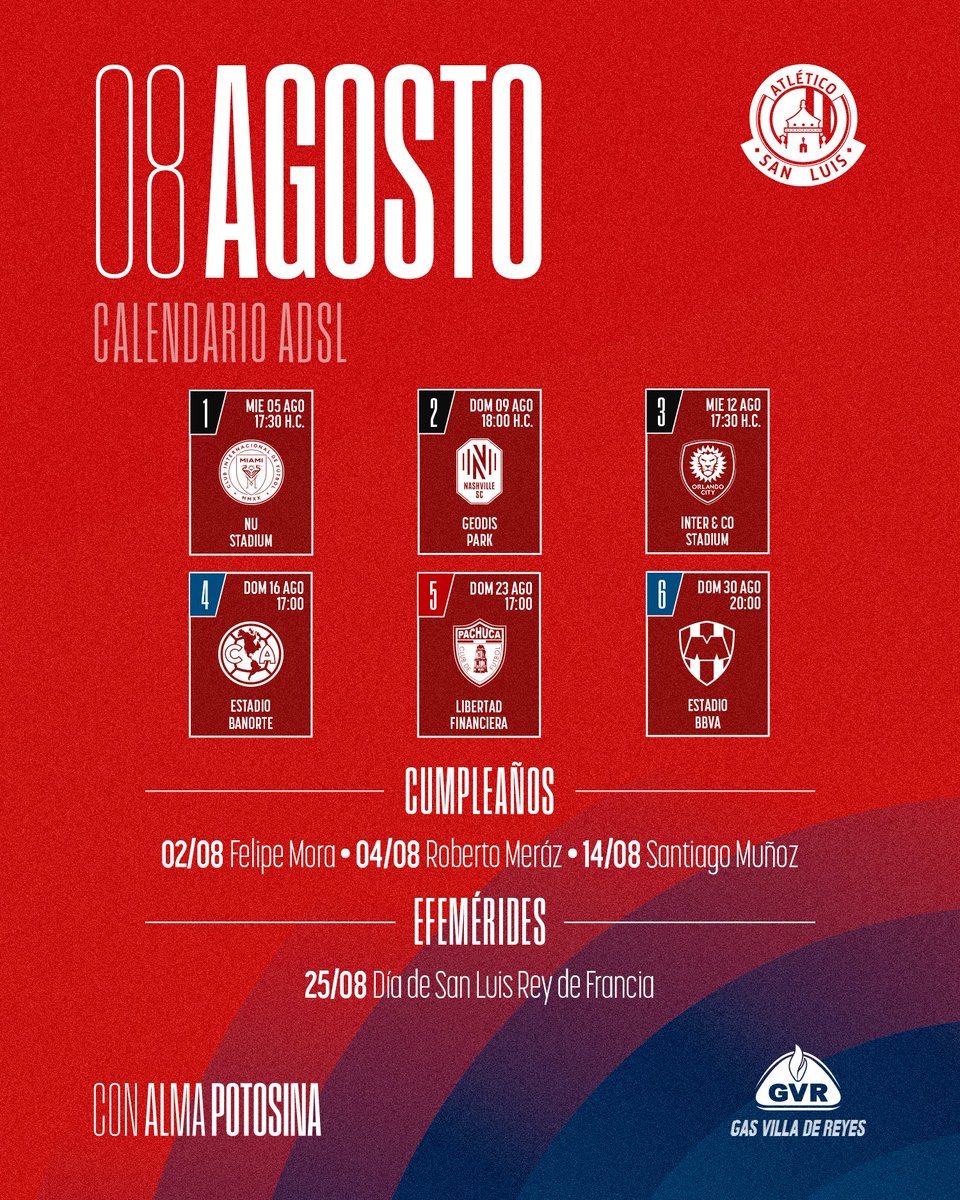 AtletideSanLuis's tweet photo. 📆 ¡Agosto! 

Comienza nuestro camino en la #LeaguesCup2026. 🏆🔜 

#ConAlmaPotosina https://t.co/0QUxhUXw8m