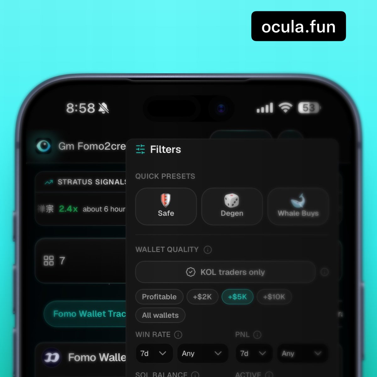 fomomofosol's tweet photo. the only wallet tracker you need

sort by profitability
win rate %
kol vs anon wallets 
# of tokens traded in last 7 days
Buy size
Market cap
Multi buys
Solana and robinhood 

now free https://t.co/yiwyFEqXly