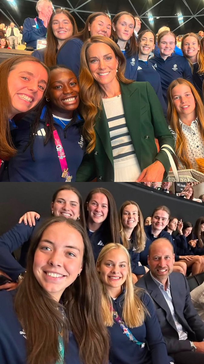 thewalesbrasil's tweet photo. A equipe feminina de netball da Escócia tirou uma selfie com Príncipe e a Princesa de Gales e a Princesa Charlotte durante o nono dia dos Jogos da Commonwealth de 2026 em Glasgow. https://t.co/0H8LWOjH0N